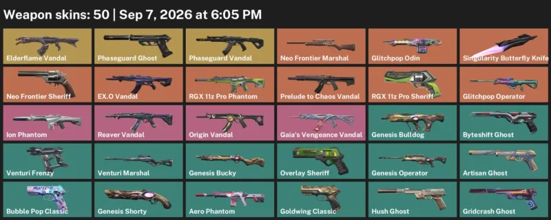 Valorant account inventory for LVL 237 · Singularity Butterfly Knife & Aero Phantom