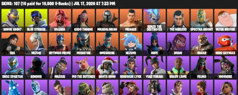 Fortnite Accounts listing: LVL 2608 - Rogue Agent - Blue Striker - 107 Outfits - 107 outfits