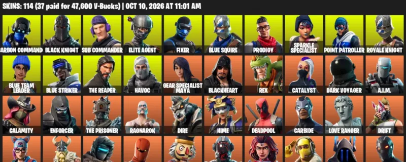 Fortnite account inventory for Carbon Commando - Black Knight - 114 Outfits