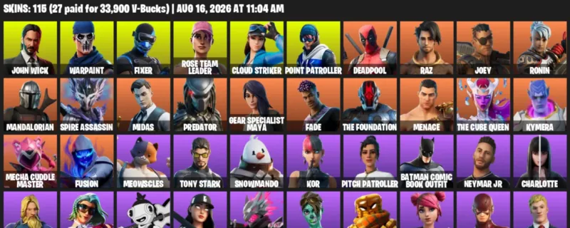Fortnite account inventory for LVL 1366 - John Wick - Warpaint - 115 Outfits