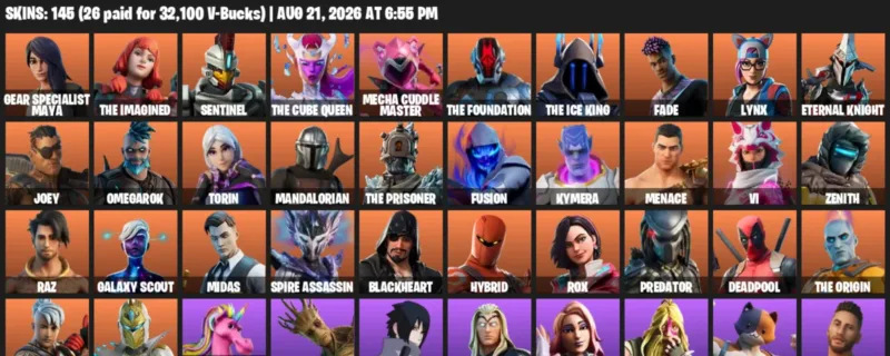 Fortnite account inventory for LVL 2160 - Gear Specialist Maya - The Imagined - 145 Outfits