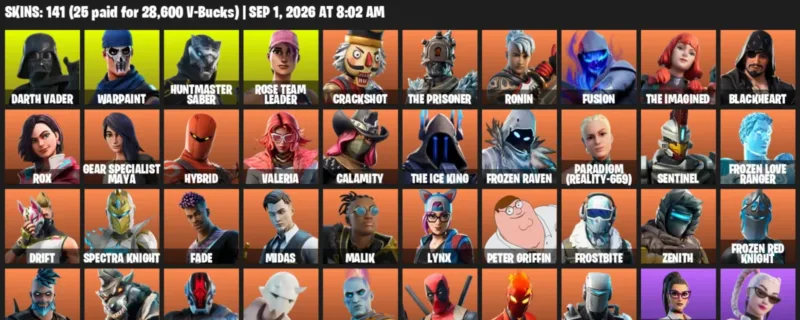 Fortnite account inventory for LVL 1634 - Darth Vader - Warpaint - 141 Outfits