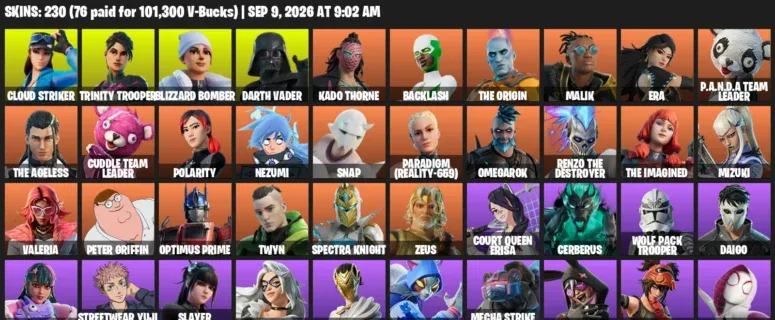 Fortnite account inventory for LVL 2701 - Cloud Striker - Trinity Trooper - 230 Outfits