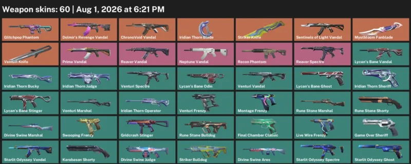 Valorant account inventory for LVL 259 · ChronoVoid Vandal & Iridian Thorn Blade & Striker Knife