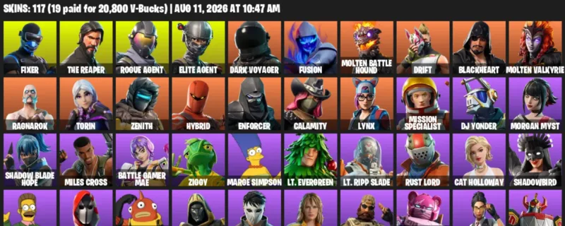 Fortnite account inventory for LVL 2166 - Fixer - The Reaper - 117 Outfits