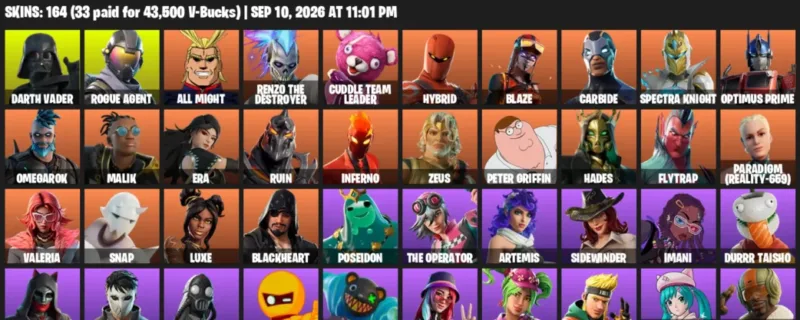 Fortnite account inventory for LVL 1626 - Darth Vader - Rogue Agent - 164 Outfits