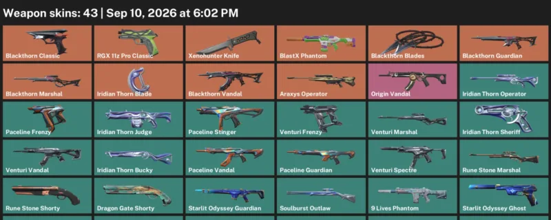 Valorant account inventory for LVL 64 · Iridian Thorn Blade & Xenohunter Knife & Araxys Operator