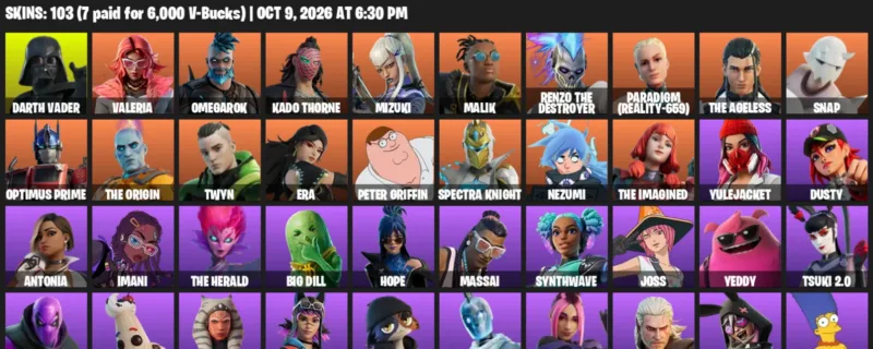 Fortnite account inventory for Darth Vader - Valeria - 103 Outfits