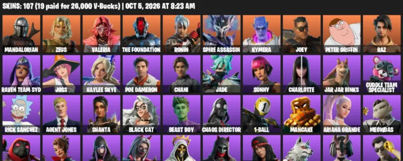 Fortnite account inventory for Mandalorian - Zeus - 107 Outfits