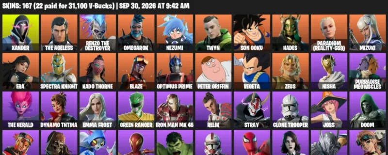 Fortnite account inventory for Xander - The Ageless - 120 Outfits