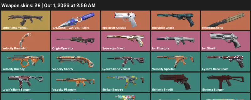 Valorant account inventory for LVL 57 · Velocity Karambit & Elderflame Vandal