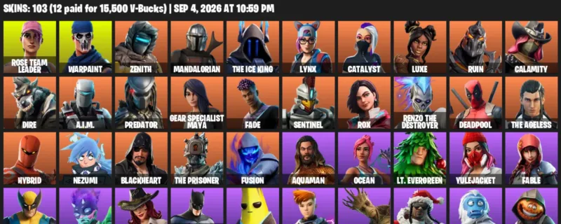 Fortnite account inventory for LVL 1372 - Rose Team Leader - Warpaint - 103 Outfits