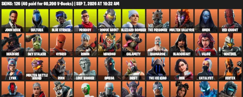 Fortnite account inventory for LVL 1341 - John Wick - Sultura - 126 Outfits