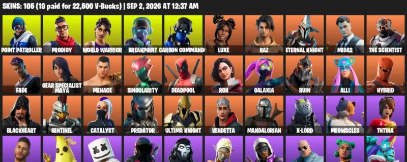 Fortnite account inventory for LVL 1362 - Point Patroller - Prodigy - 105 Outfits