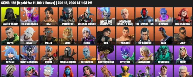 Fortnite account inventory for LVL 1885 - Darth Vader - The Cube Queen - 152 Outfits