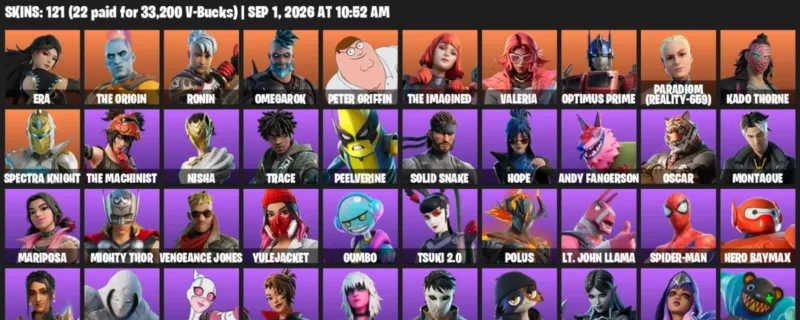Fortnite account inventory for LVL 1384 - Era - The Origin - 121 Outfits
