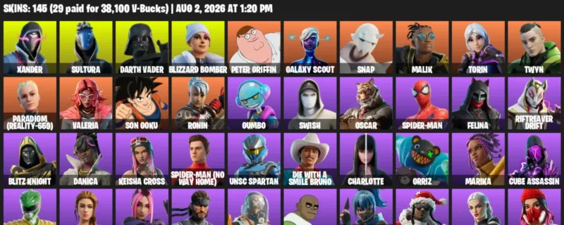 Fortnite account inventory for LVL 1904 - Xander - Sultura - 145 Outfits