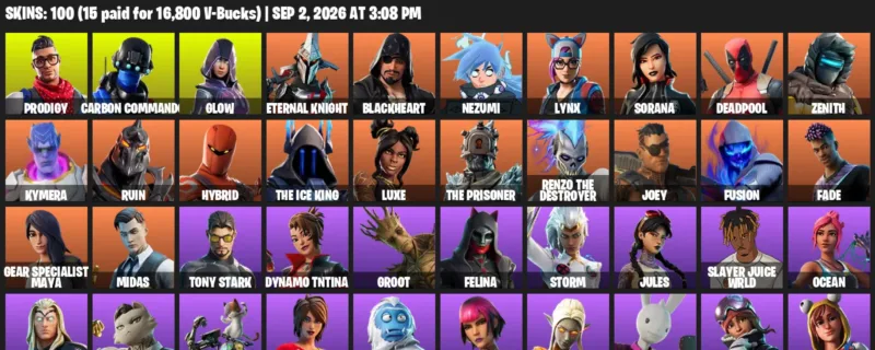 Fortnite account inventory for LVL 2195 - Prodigy - Carbon Commando - 100 Outfits