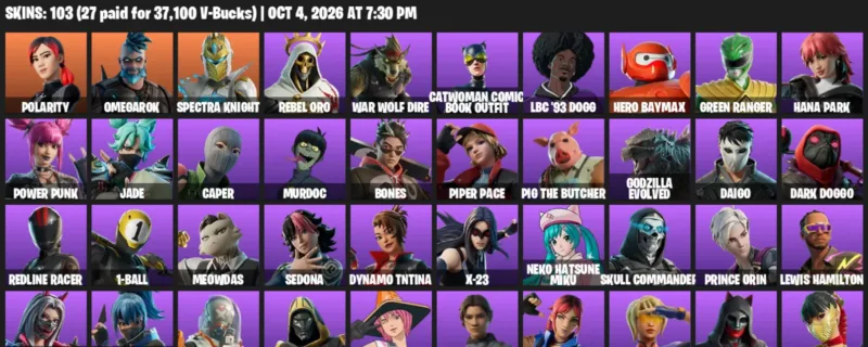 Fortnite account inventory for Polarity - Omegarok - 103 Outfits