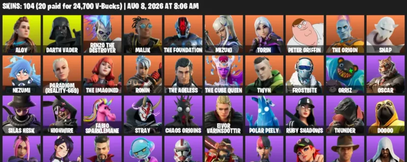 Fortnite account inventory for LVL 1018 - Aloy - Darth Vader - 104 Outfits