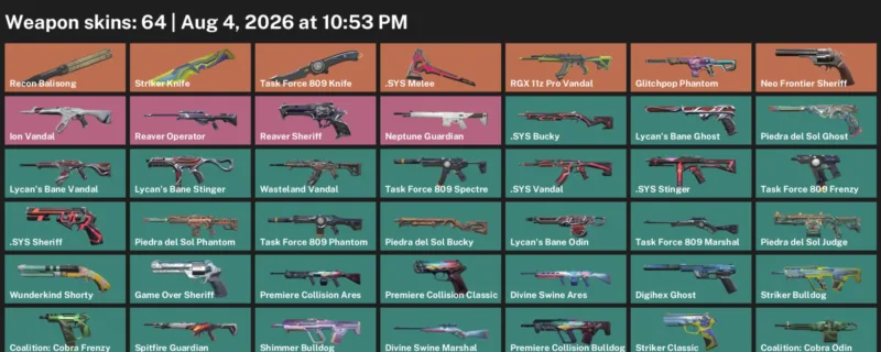 Valorant account inventory for LVL 128 · Striker Knife & Task Force 809 Knife