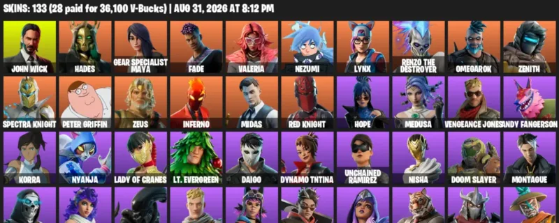 Fortnite account inventory for LVL 2034 - John Wick - Hades - 133 Outfits