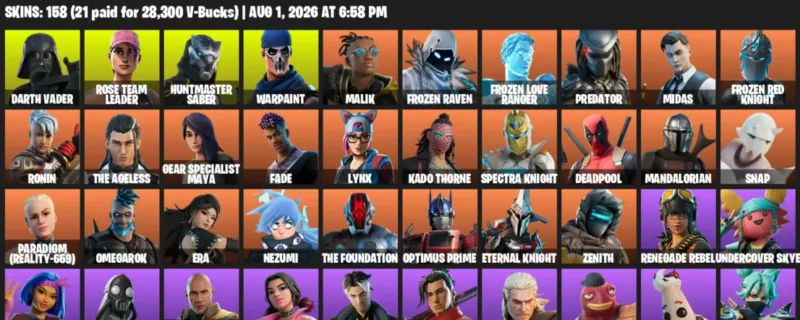 Fortnite account inventory for LVL 2148 - Darth Vader - Rose Team Leader - 158 Outfits