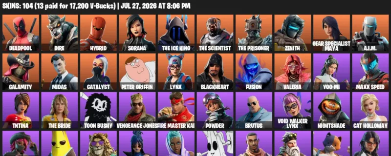 Fortnite Accounts listing: LVL 1217 - Deadpool - Dire - 104 Outfits - 104 outfits