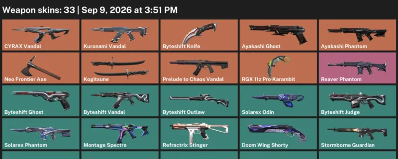 Valorant account inventory for LVL 41 · Byteshift Knife & RGX 11z Pro Karambit