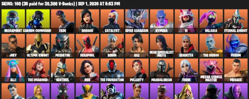 Fortnite account inventory for LVL 2494 - Breakpoint - Carbon Commando - 160 Outfits