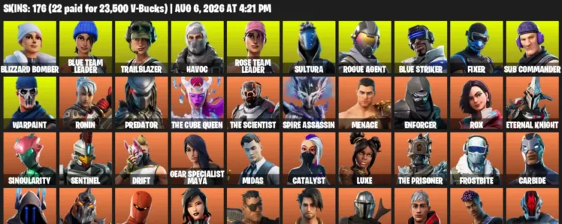 Fortnite account inventory for LVL 3200 - Blizzard Bomber - Blue Team Leader - 176 Outfits