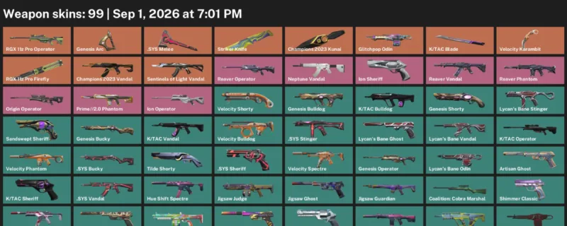 Valorant account inventory for LVL 270 · Champions 2023 Kunai & Velocity Karambit