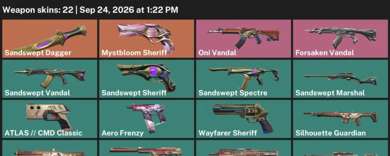 Valorant account inventory for LVL 188 · Forsaken Vandal & Sandswept Dagger