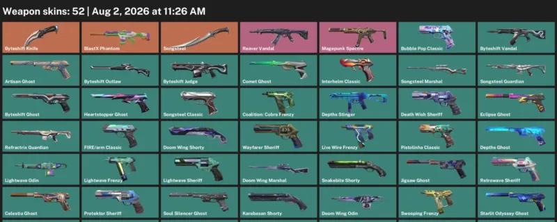 Valorant account inventory for LVL 379 · Byteshift Knife & BlastX Phantom