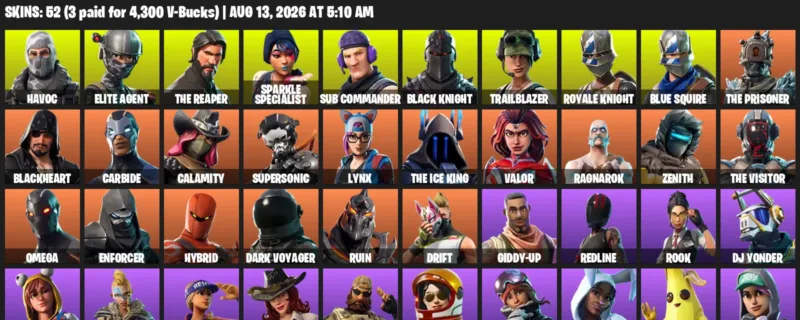 Fortnite account inventory for LVL 757 - Havoc - Elite Agent - 52 Outfits