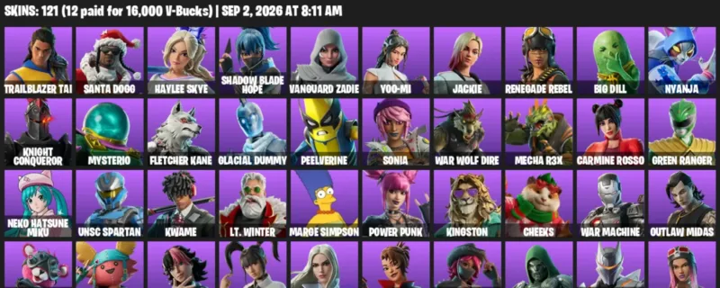 Fortnite account inventory for LVL 1171 - Trailblazer Tai - Santa Dogg - 121 Outfits