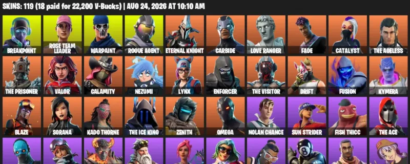 Fortnite account inventory for LVL 1797 - Breakpoint - Rose Team Leader - 119 Outfits