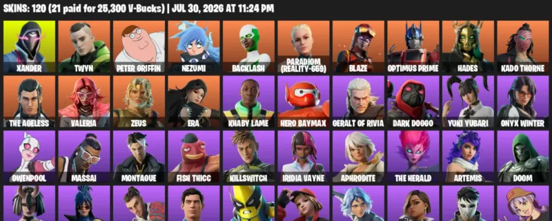 Fortnite Accounts listing: LVL 3650 - Xander - Twyn - 120 Outfits - 120 outfits