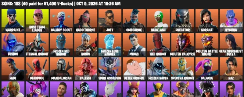 Fortnite account inventory for Warpaint - Rose Team Leader - 120 Outfits