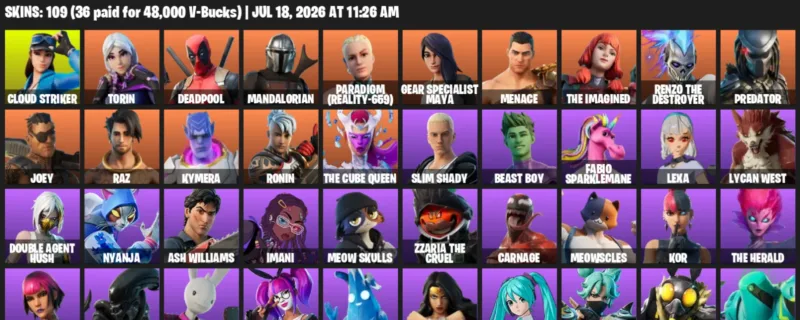 Fortnite Accounts listing: LVL 922 - Cloud Striker - Torin - 109 Outfits - 109 outfits