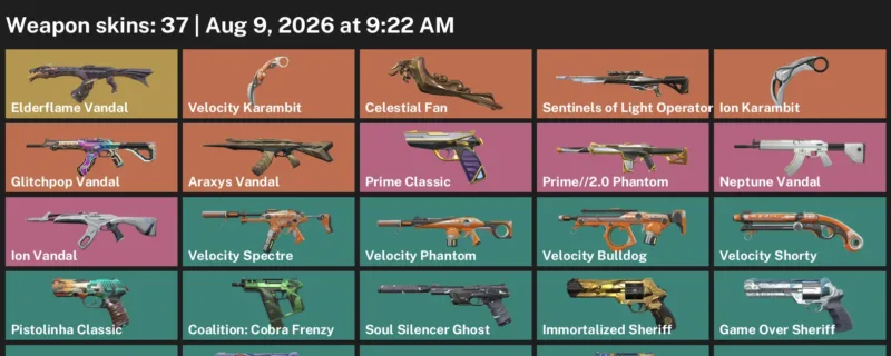 Valorant account inventory for LVL 196 · Celestial Fan & Ion Karambit & Velocity Karambit