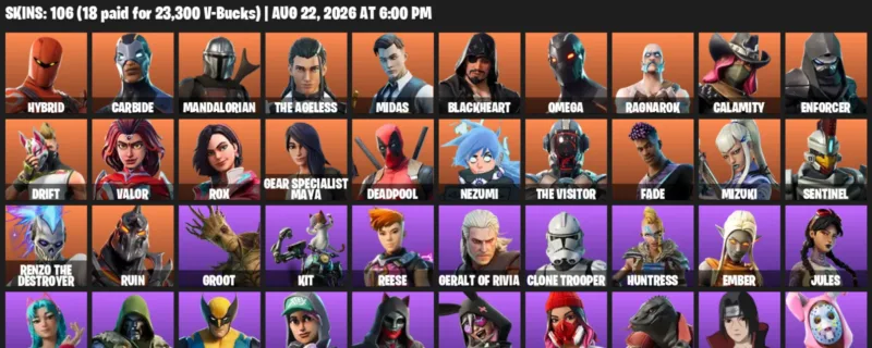 Fortnite account inventory for LVL 1412 - Hybrid - Carbide - 106 Outfits