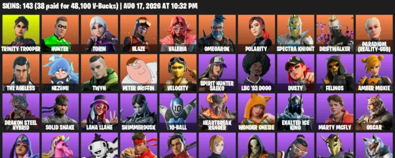 Fortnite account inventory for LVL 1062 - Trinity Trooper - Hunter - 143 Outfits
