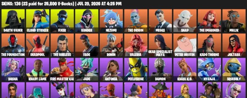 Fortnite Accounts listing: LVL 2484 - Darth Vader - Cloud Striker - 136 Outfits - 136 outfits
