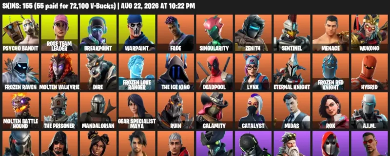 Fortnite account inventory for LVL 1709 - Psycho Bandit - Rose Team Leader - 155 Outfits