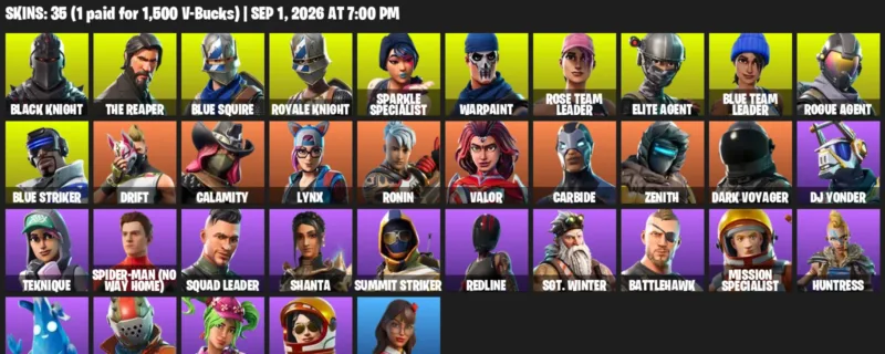 Fortnite account inventory for LVL 485 - Black Knight - The Reaper - 35 Outfits