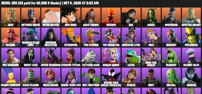 Fortnite account inventory for Zeus - Optimus Prime - 120 Outfits