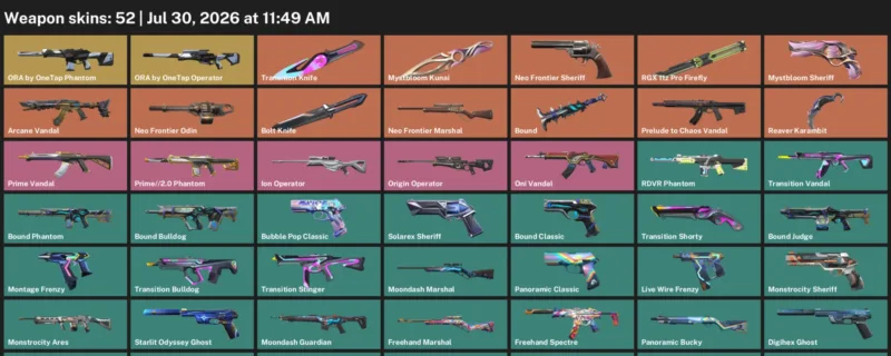 Valorant Accounts listing: LVL 281 · Bolt Knife & Mystbloom Kunai · 52 Skins - Diamond 1, 52 skins