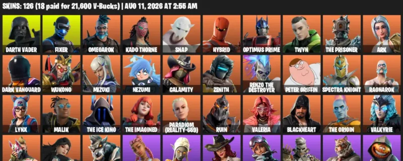 Fortnite account inventory for LVL 2060 - Darth Vader - Fixer - 126 Outfits