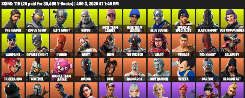 Fortnite account inventory for LVL 2686 - The Reaper - Rogue Agent - 115 Outfits